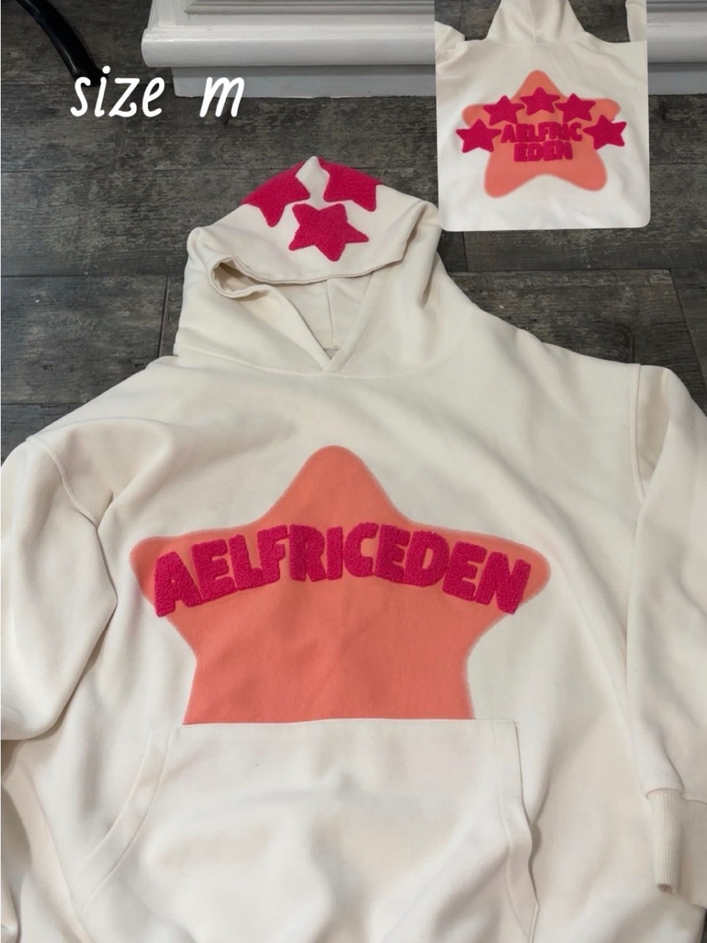 Aelfric Eden Cream Hoodie with Pink Lettering and Coral Star